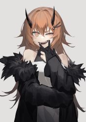 Rule 34 | 1girl, :d, absurdres, arm across waist, bare shoulders, black coat, black gloves, blouse, brown eyes, brown hair, coat, covered collarbone, fangs, fur-trimmed coat, fur trim, gloves, hair ornament, hairclip, highres, horns, long hair, long sleeves, looking at viewer, open clothes, open coat, open mouth, original, ozeu0916, partially fingerless gloves, shirt, simple background, smile, solo, teeth, upper body, v-shaped eyebrows, white background, white shirt