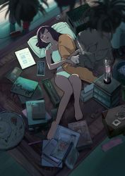 Rule 34 | 1girl, blurry foreground, book, brown hair, cellphone, commentary, contemporary, creature, cup, closed eyes, familiar, highres, horns, keyboard (computer), lying, nihashi8, on back, original, panties, partially translated, pencil case, phone, pillow, plant, potted plant, short hair, single horn, sleeping, smartphone, tablet pc, tank top, tea kettle, teabag, teacup, tissue box, translation request, tray, underwear, underwear only, wand, white panties, wings, wireless