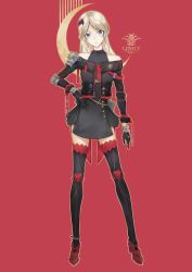 Rule 34 | 1girl, ankle boots, arm at side, armor, bad id, bad pixiv id, bare shoulders, black dress, black gloves, black jacket, black thighhighs, blonde hair, blue eyes, boots, breasts, buttons, closed mouth, crescent moon, detached sleeves, dress, full body, gloves, hair ornament, hand on own hip, head tilt, high heels, highres, jacket, legs apart, logo, long hair, looking at viewer, military, military uniform, moon, off shoulder, original, parted bangs, red background, seelean, signature, solo, spread legs, standing, thighhighs, uniform