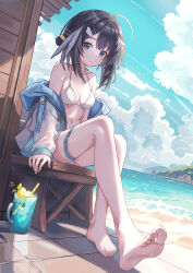 1girl absurdres arknights barefoot beach bikini black_hair breasts chinese_commentary closed_mouth cloud commentary_request day drink drinking_straw expressionless fingernails full_body hei_chun_dark highres ice ice_cube la_pluma_(arknights) la_pluma_(summer_flowers)_(arknights) medium_breasts navel ocean official_alternate_costume outdoors partial_commentary short_hair sitting solo swimsuit thigh_strap toenails toes water white_bikini