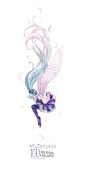 Rule 34 | 1girl, 2017, absurdly long hair, angel wings, beamed sixteenth notes, black skirt, blue hair, character name, dated, detached sleeves, eighth note, expressionless, closed eyes, falling, feathered wings, feathers, floating hair, frilled skirt, frills, full body, grey shirt, happy birthday, hatsune miku, highres, long hair, multicolored hair, musical note, pink hair, profile, shirt, simple background, skirt, solo, souno kazuki, thighhighs, twintails, twitter username, two-tone hair, very long hair, vocaloid, white background, wings
