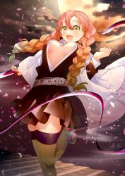 Rule 34 | 1girl, belt, black skirt, braid, breasts, cleavage, clenched hand, coat, cowboy shot, full moon, gradient hair, green eyes, green hair, green thighhighs, hair between eyes, haori, japanese clothes, kanroji mitsuri, katana, kimetsu no yaiba, long hair, long sleeves, looking at viewer, medium breasts, midriff, miniskirt, mole, mole under eye, moon, multicolored hair, night, night sky, open mouth, outdoors, partially unbuttoned, petals, pink hair, pleated skirt, ribbed legwear, rooftop, sandals, skirt, sky, smile, solo, standing, standing on one leg, sword, thighhighs, thighs, two-tone hair, umeno (tuzk7284), uniform, weapon, whip sword, wide sleeves, zettai ryouiki