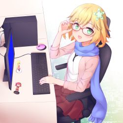 Rule 34 | &gt;:o, 10s, 3girls, :3, :o, adjusting eyewear, ahoge, bat hair ornament, blonde hair, blue screen of death, cardigan, casual, chair, commentary request, computer, cpu, desk, unworn eyewear, faubynet, figure, flower, gabriel dropout, gabriel tenma white, glasses, green eyes, hair flower, hair ornament, hair rings, hand on eyewear, hands up, highres, holding, holding removed eyewear, instrument, keyboard, leggings, long scarf, looking at viewer, monitor, mouse (computer), multiple girls, nendoroid, open mouth, pantyhose, pink cardigan, pleated skirt, red hair, satanichia kurumizawa mcdowell, scarf, school uniform, screen, short hair, sitting, skirt, sleeves past elbows, smile, sparkle, tapris chisaki sugarbell, v-shaped eyebrows, white background