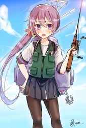 Rule 34 | 10s, 1girl, akebono (kancolle), anchor, bad id, bad pixiv id, bell, blush, cowboy shot, day, fishing rod, flower, hair bell, hair flower, hair ornament, hand on own hip, highres, holding, jingle bell, kantai collection, long hair, looking at viewer, open mouth, pantyhose, pleated skirt, pouch, purple eyes, side ponytail, skirt, sky, solo, twitter username, very long hair, yuu zaki