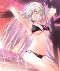 Rule 34 | 1girl, ahoge, armpits, arms behind head, arms up, bare arms, bare shoulders, bikini, black bikini, blurry, breasts, brown eyes, cleavage, depth of field, dutch angle, fate/grand order, fate (series), frown, halterneck, halterneck, hayashi kewi, jeanne d&#039;arc alter (swimsuit berserker) (fate), jeanne d&#039;arc (fate), jeanne d&#039;arc alter (fate), jeanne d&#039;arc alter (swimsuit berserker) (fate), long hair, looking at viewer, medium breasts, navel, o-ring, o-ring bikini, o-ring bottom, o-ring top, orange sky, palm tree, silver hair, sitting, sky, solo, sparkle, stomach, sunset, swimsuit, thighs, tree, very long hair, water