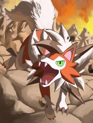 Rule 34 | absurdres, animal focus, cloud, commentary request, creatures (company), day, dog, full body, game freak, gen 7 pokemon, green eyes, highres, incoming attack, jira (ziraiya26), jumping, looking at viewer, lycanroc, lycanroc (dusk), nintendo, no humans, open mouth, outdoors, pokemon, pokemon (creature), sharp teeth, sky, slit pupils, solo, teeth, tongue