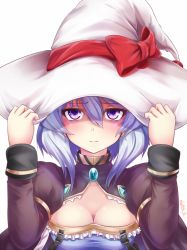 Rule 34 | 1girl, breasts, cleavage, cleavage cutout, clothing cutout, construction sign (ole tower), electric sign board (ole tower), hands on headwear, hat, jewelry, jitome, long sleeves, medium breasts, miyabi urumi, ole tower, purple eyes, purple hair, short hair, witch hat