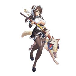 Rule 34 | 1girl, black pantyhose, breast cutout, brown hair, clothing cutout, constantia s2, dog, dress, full body, game cg, glasses, green eyes, gun, highres, kakiman, last origin, looking at viewer, maid, official art, pantyhose, ponytail, rifle, round eyewear, sidelocks, solo, tachi-e, transparent background, underboob cutout, weapon, winchester model 1887