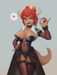 Rule 34 | 1girl, alternate costume, alternate eye color, belt, black nails, blush, bowsette, bracelet, breasts, cameltoe, cleavage, clothing request, collar, dark-skinned female, dark skin, earrings, eyeshadow, fingernails, food-themed earrings, food themed earrings, fur trim, grey background, half-closed eyes, hand gesture, hand on own hip, hand up, heart, heart-shaped pupils, highres, hip focus, horns, jewelry, large breasts, lianbanong, long hair, looking at viewer, makeup, mario (series), mushroom, nail polish, navel, new super mario bros. u deluxe, nintendo, nipple slip, nipples, nose blush, open mouth, orange-shaped earrings, orange eyes, pendant, ponytail, red hair, revealing clothes, see-through, see-through legwear, sexually suggestive, sharp fingernails, sharp teeth, shiny clothes, short hair, sidelocks, simple background, skindentation, smile, solo, spiked bracelet, spiked collar, spiked tail, spiked thighlet, spikes, spoken blush, super crown, symbol-shaped pupils, tail, teeth, thigh gap, thighhighs, thighs