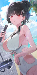 1girl absurdres alternate_costume alternate_hairstyle bare_arms black_hair blue_archive blue_sky blurry blush breasts cleavage cloud cloudy_sky commentary_request day depth_of_field earrings fingernails hair_bun hair_ornament hairpin highres holding holding_shower_head jewelry large_breasts long_hair looking_at_viewer momomoi_momoi nail_polish one-piece_swimsuit open_mouth outdoors red_eyes red_nails rio_(blue_archive) shower_head single_hair_bun sky solo sparkle stud_earrings swimsuit tile_wall tiles upper_body wet wet_clothes wet_swimsuit white_one-piece_swimsuit