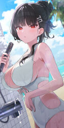 Rule 34 | 1girl, absurdres, alternate costume, alternate hairstyle, bare arms, black hair, blue archive, blue sky, blurry, blush, breasts, cleavage, cloud, cloudy sky, commentary request, day, depth of field, earrings, fingernails, hair bun, hair ornament, hairpin, highres, holding, holding shower head, jewelry, large breasts, long hair, looking at viewer, momomoi momoi, nail polish, one-piece swimsuit, open mouth, outdoors, red eyes, red nails, rio (blue archive), shower head, single hair bun, sky, solo, sparkle, stud earrings, swimsuit, tile wall, tiles, upper body, wet, wet clothes, wet swimsuit, white one-piece swimsuit