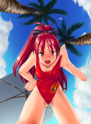 Rule 34 | 10s, 1girl, baywatch, cloud, commission, day, dyda, fang, from below, highres, lifeguard, long hair, looking at viewer, mahou shoujo madoka magica, mahou shoujo madoka magica (anime), one-piece swimsuit, palm tree, ponytail, red eyes, red hair, red one-piece swimsuit, ribbon, sakura kyoko, sky, swimsuit, thigh gap, tree