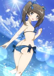 Rule 34 | 1girl, absurdres, ass, beach, bikini, blue bikini, blue eyes, brave witches, breasts, brown hair, cloud, commission, furuyama itaru, georgette lemare, highres, long hair, ocean, open mouth, outdoors, pixiv commission, ribbon, side-tie bikini bottom, sideboob, sky, small breasts, solo, strike witches, striped bikini, striped clothes, swimsuit, thighs, twintails, wading, world witches series
