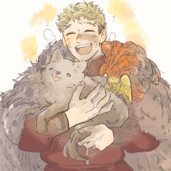 Rule 34 | 1boy, animal, blonde hair, cape, cloak, closed eyes, dirty, dirty clothes, dirty face, dog, dungeon meshi, facing viewer, fur cloak, fuyumaki 19890, hands up, happy aura, holding, holding animal, leaf, leaf on head, long sleeves, male focus, messy hair, open mouth, pelt, puffy long sleeves, puffy sleeves, red shirt, shirt, short hair, simple background, undercut, upper body, very short hair, white background