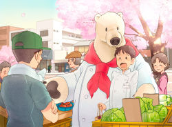 Rule 34 | 1girl, 1other, 4boys, animal hands, animal nose, bag, bear, blue sky, brown hair, brown headwear, cherry blossoms, closed eyes, commentary request, day, eyewear on head, from side, fujiwara yoshito, green headwear, holding, holding bag, lettuce, long sleeves, multiple boys, open mouth, original, outdoors, pencil, shop, short hair, sky, spring onion, surprised, tomato
