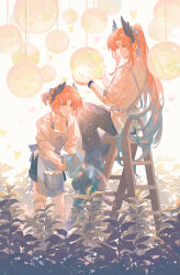 Rule 34 | 2boys, absurdres, apron, arknights, blue apron, blue pants, commentary request, dual persona, head wings, highres, holding, long hair, multiple boys, orange hair, pants, passenger (arknights), shirt, short hair, sitting, standing, sui (blackcatsui yoi), very long hair, watering can, white shirt, wings