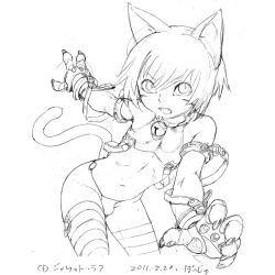 Rule 34 | 1boy, animal ears, bell, bulge, cat boy, cat ears, cat tail, collar, fangs, gloves, greyscale, male focus, monochrome, neck bell, no pants, open mouth, original, panties, po-ju, simple background, sketch, slit pupils, solo, striped clothes, striped thighhighs, tail, thighhighs, translated, trap, underwear, unfinished