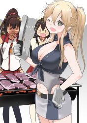 Rule 34 | 0 0, 10s, 3girls, akagi (kancolle), alternate hairstyle, belt, black legwear, blonde hair, blue eyes, blush stickers, breasts, brown hair, cleavage, commentary request, cooking, covering own mouth, food, front-tie top, garter straps, gloves, grill, grilling, hip vent, iowa (kancolle), kaga (kancolle), kantai collection, large breasts, long hair, masukuza j, miniskirt, multiple girls, no headgear, open mouth, ponytail, red skirt, skirt, sparkle, star-shaped pupils, star (symbol), steak, symbol-shaped pupils, tongs, white legwear, yamato (kancolle)