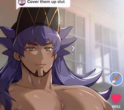 Rule 34 | 1boy, ?, baseball cap, blush, chariko, closed mouth, collarbone, commentary, cover them up slut (meme), creatures (company), dark-skinned male, dark skin, dialogue box, facial hair, game freak, hat, heart, indoors, large pectorals, leon (pokemon), long hair, male focus, meme, nintendo, pectorals, pokemon, pokemon swsh, purple hair, smile, sparkle, topless male, yellow eyes