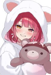 1girl animal_ear_hood animal_ears blush braid commentary_request earrings fake_animal_ears fur_hoodie grin head_tilt heart heart_earrings helga_(_hlg67) heterochromia highres holding holding_stuffed_toy hololive hood hood_up hoodie houshou_marine houshou_marine_(8th_costume) jewelry long_sleeves looking_at_viewer official_alternate_costume official_alternate_hairstyle red_eyes red_hair short_hair simple_background smile solo stuffed_animal stuffed_toy swept_bangs teddy_bear upper_body virtual_youtuber white_background white_hoodie yellow_eyes