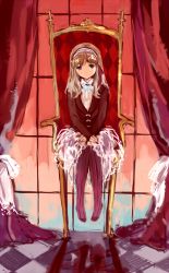 Rule 34 | 1girl, bad id, bad pixiv id, brown eyes, brown hair, checkered floor, curtains, floor, frills, hair ribbon, hairband, highres, jacket, long hair, long sleeves, looking at viewer, neck ribbon, no shoes, original, pantyhose, red pantyhose, ribbon, sitting, sketch, skirt, solo, striped clothes, striped pantyhose, tan (tangent), throne, vertical-striped clothes, vertical-striped pantyhose, window