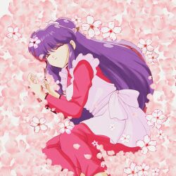 1girl absurdres apron chinese_clothes closed_eyes double_bun floral_background flower hair_bun highres long_hair lying maid_apron maid_headdress on_side pacho_(asami_525) pants parted_lips pink_flower pink_pants pink_shirt purple_hair ranma_1/2 shampoo_(ranma_1/2) shirt white_apron