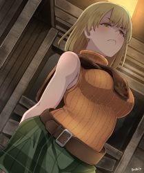 Rule 34 | 1girl, artist name, ashley graham, belt, blonde hair, blush, bob cut, breasts, butcha-u, commentary request, frown, highres, large breasts, light, resident evil, resident evil 4, scarf, short hair, skirt, sleeveless, sleeveless sweater, solo, sweater