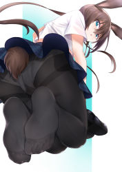 Rule 34 | 1girl, :o, absurdres, all fours, alternate costume, amiya (arknights), animal ears, arknights, black footwear, black pantyhose, blue eyes, blue skirt, blush, brown hair, caibao return, cameltoe, commentary request, feet, from behind, gusset, hair between eyes, highres, loafers, long hair, looking at viewer, looking back, miniskirt, no shoes, panties, panties under pantyhose, pantyhose, pantyshot, parted lips, plaid, plaid skirt, ponytail, rabbit ears, rabbit girl, rabbit tail, shirt, shoes, unworn shoes, short sleeves, sidelocks, skirt, soles, solo, tail, thighband pantyhose, toes, underwear, upskirt, white panties, white shirt