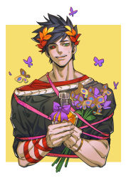 Rule 34 | 1boy, absurdres, ambrosia (hades), ancient greek clothes, black hair, black sclera, border, bottle, bug, butterfly, colored sclera, commentary, english commentary, fan mu zhang, flower, gift, greco-roman clothes, green eyes, hades (series), hades 1, heterochromia, highres, holding, holding bottle, holding flower, insect, laurel crown, looking at viewer, male focus, muscular, muscular male, open mouth, outside border, purple ribbon, red eyes, ribbon, sweatdrop, teeth, upper teeth only, white border, yellow background, zagreus (hades)