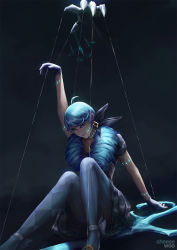 Rule 34 | 1girl, ahoge, arm up, artstation username, blue eyes, blue gloves, blue pantyhose, cheesewoo, commentary, dark background, doll joints, drill hair, earrings, foot out of frame, glasgow smile, gloves, green eyes, gwen (league of legends), heterochromia, highres, jewelry, joints, knees up, league of legends, lips, long hair, looking down, pantyhose, puppet, puppet strings, purple eyes, scissors, short sleeves, sitting, skirt, solo, swept bangs