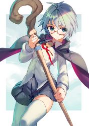 Rule 34 | 1girl, blue eyes, blue hair, cape, cowboy shot, glasses, holding, holding staff, looking at viewer, rotix, short hair, simple background, skirt, solo, staff, tabitha (zero no tsukaima), thighhighs, wand, white thighhighs, zero no tsukaima, zettai ryouiki