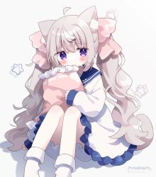Rule 34 | 1girl, ahoge, animal ear fluff, animal ears, bloomers, blue sailor collar, blush, brown hair, cat ears, cat girl, cat tail, closed mouth, commentary request, dress, feet out of frame, frilled pillow, frills, grey background, hair between eyes, hair ribbon, highres, holding, holding pillow, knees up, long hair, long sleeves, looking at viewer, nakkar, original, pillow, pink ribbon, puffy long sleeves, puffy sleeves, purple eyes, ribbon, sailor collar, sailor dress, simple background, sitting, sleeves past wrists, socks, solo, star (symbol), tail, tears, twintails, twitter username, underwear, very long hair, white bloomers, white dress, white socks