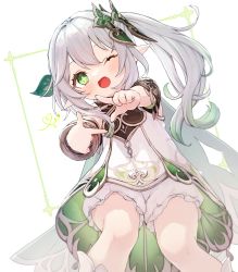 Rule 34 | 1girl, ;d, bloomers, bracelet, cape, commentary request, detached sleeves, dress, finger frame, genshin impact, gradient hair, green eyes, grey hair, hair between eyes, hair ornament, highres, honotai, jewelry, long hair, looking at viewer, multicolored hair, nahida (genshin impact), one eye closed, open mouth, outstretched arms, pointy ears, short dress, short sleeves, shorts, shorts under dress, side ponytail, sidelocks, simple background, sleeveless, sleeveless dress, smile, solo, symbol-shaped pupils, thighs, underwear, white dress, white shorts