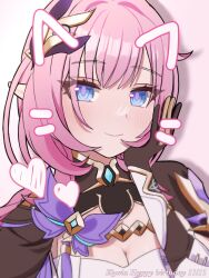 Rule 34 | 1girl, blue eyes, blush, breasts, character name, cleavage, dated, elysia (honkai impact), elysia (miss pink elf) (honkai impact), english text, hand on own face, happy birthday, highres, honkai (series), honkai impact 3rd, looking at viewer, medium breasts, pink background, pink hair, pink pupils, pointy ears, simple background, smile, solo, tumuki1329, upper body