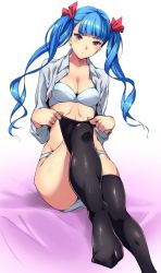Rule 34 | 1girl, aqua hair, blush, bra, breasts, cleavage, feet, long hair, looking at viewer, open clothes, open shirt, panties, red eyes, shirt, sugarbeat, thighhighs, twintails, underwear
