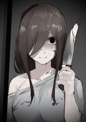 Rule 34 | 1girl, black eyes, blood, blood on clothes, blood on face, bloody weapon, breasts, brown hair, closed mouth, collarbone, commentary, crazy eyes, crazy smile, darkness, eyebrows hidden by hair, go-toubun no hanayome, hair over one eye, hand up, highres, holding, holding knife, knife, large breasts, long hair, looking at viewer, mame1645, nakano miku, off shoulder, shaded face, shirt, short sleeves, sidelocks, smile, solo, straight-on, upper body, weapon, white shirt