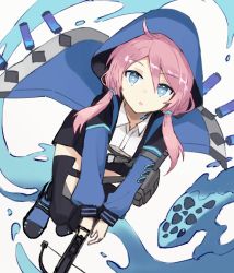 Rule 34 | 1girl, :o, antenna hair, arknights, black footwear, black shorts, black thighhighs, blue eyes, blue jacket, blue poison (arknights), blue poison (elite ii) (arknights), bow (weapon), crossbow, from above, hair between eyes, holding, holding crossbow, holding weapon, jacket, long hair, looking at viewer, open mouth, pink hair, shiduki eku, shoes, short twintails, shorts, simple background, solo, thighhighs, twintails, water, weapon, white background