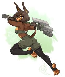 Rule 34 | 1girl, animal ears, axe, back, brown hair, difman, dog ears, dog girl, dog tail, full body, furry, furry female, gloves, hair between eyes, highres, holding, holding axe, looking at viewer, muscular, muscular female, original, pantyhose, rory (cee-haz), short hair, shorts, solo, strapless, tail, toeless legwear, tube top, watermark, yellow eyes