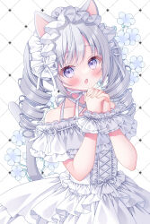 Rule 34 | 1girl, animal ears, blush, cat ears, cat girl, cat tail, corset, dress, drill hair, fang, flower, frilled dress, frills, grey hair, hairband, highres, lolita hairband, long hair, looking at viewer, off-shoulder dress, off shoulder, open mouth, original, own hands clasped, own hands together, purple eyes, puu (kari---ume), ribbon, short sleeves, skin fang, solo, tail, twin drills, twintails, wrist cuffs