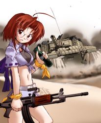 Rule 34 | 1girl, ahoge, assault rifle, bottle, centurion (tank), copyright request, desert, excel (gewalt), front-tie top, glasses, gun, imi galil, midriff, military, military vehicle, motor vehicle, navel, red hair, rifle, sand, short hair, solo, tank, vehicle, weapon, wristband