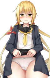 Rule 34 | 1girl, black jacket, black sailor collar, black skirt, blonde hair, blush, bow, bow panties, brown eyes, cameltoe, cleft of venus, clothes lift, collarbone, crescent, crescent pin, hair between eyes, jacket, kantai collection, lifting own clothes, long hair, low twintails, mizushina minato, necktie, nose blush, open clothes, open jacket, panties, pleated skirt, sailor collar, satsuki (kancolle), satsuki kai ni (kancolle), school uniform, serafuku, shirt, short necktie, sidelocks, simple background, skirt, skirt lift, solo, twintails, underwear, v-shaped eyebrows, very long hair, white background, white panties, white shirt, yellow necktie