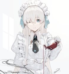 Rule 34 | 1girl, 9750isz, anastasia (fate), apron, asymmetrical bangs, black necktie, blue eyes, collared dress, cup, dress, fate/grand order, fate (series), gloves, long hair, maid, maid apron, maid headdress, necktie, one eye closed, pouring, silver hair, smoke, solo, tea, teacup, teapot, very long hair, white gloves, you&#039;re doing it wrong