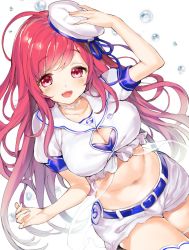 Rule 34 | 1girl, ahoge, blush, breasts, character request, choker, cleavage, cleavage cutout, clothing cutout, collarbone, hat, highres, holding, holding hat, large breasts, long hair, midriff, mutsutake, navel, open mouth, rasis, red eyes, red hair, sailor collar, short shorts, shorts, simple background, smile, solo, sound voltex, thighhighs, water drop, white background