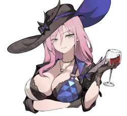 Rule 34 | 1girl, absurdres, alcohol, black bra, black gloves, black hat, blue eyes, bra, breasts, cleavage, commentary, cup, cupping glass, earrings, gloves, hat, highres, holding, holding cup, honkai: star rail, honkai (series), jade (honkai: star rail), jewelry, large breasts, long hair, looking at viewer, oxooxo666, pink hair, simple background, smile, solo, symbol-only commentary, underwear, upper body, very long hair, white background, wine