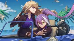 2girls aki_rosenthal banknote bbyau_(yoyosobadgril) blonde_hair car commentary convertible delinquent driving green_eyes grin gun handgun high_ponytail highres holding holding_gun holding_weapon hololive hololive_grand_theft_auto jacket money motor_vehicle multiple_girls outdoors purple_hair smile suit_jacket tokoyami_towa virtual_youtuber weapon