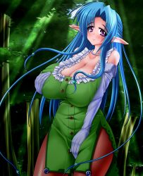 Rule 34 | 1girl, bare shoulders, blue hair, breast hold, breasts, cleavage, curvy, elbow gloves, elf, ellshed, female focus, fishnets, forest, gloves, huge breasts, long hair, nature, outdoors, pantyhose, pointy ears, purple eyes, solo, standing
