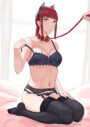 Rule 34 | 1girl, animal ears, bare shoulders, black bra, black panties, black thighhighs, bra, braid, braided ponytail, breasts, cat ears, chainsaw man, cleavage, closed mouth, collar, collarbone, fake animal ears, full body, garter belt, garter straps, hand on own leg, highres, holding, holding leash, leash, long hair, looking at viewer, makima (chainsaw man), medium breasts, mikame v2, navel, panties, red collar, red hair, seiza, sidelocks, simple background, sitting, smile, solo, stomach, thighhighs, underwear, yellow eyes