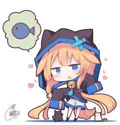 Rule 34 | 1girl, animal, animal ears, animal hood, bell, beni shake, black cat, black jacket, black socks, blonde hair, blue eyes, blue neckwear, blush, cat, cat hood, chibi, colored shadow, commentary request, fake animal ears, fang, fish hair ornament, full body, hair ornament, heart, hood, hood up, hooded jacket, jacket, jingle bell, long hair, long sleeves, low twintails, no shoes, open mouth, original, shadow, short shorts, shorts, signature, sleeves past fingers, sleeves past wrists, socks, solo, spoken animal, standing, twintails, very long hair, white background, white cat, white shorts