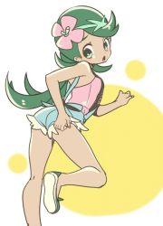 Rule 34 | 1girl, ass, breasts, chorimokki, creatures (company), dark-skinned female, dark skin, flower, game freak, green eyes, green hair, hair flower, hair ornament, long hair, looking at viewer, mallow (pokemon), nintendo, open mouth, pokemon, pokemon sm, quad tails, shorts, solo, twintails