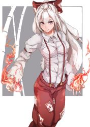 Rule 34 | 1girl, bamboo, bow, commentary request, fire, fujiwara no mokou, hair bow, juliet sleeves, long hair, long sleeves, looking at viewer, open fly, pants, poini (king-scarlet-dead), ponytail, puffy sleeves, red eyes, shirt, silver hair, simple background, solo, suspenders, touhou, unzipped, very long hair
